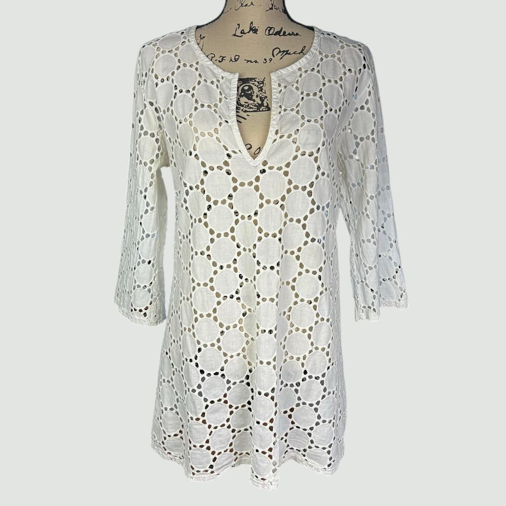 Jordan Taylor Tunic Women Size Large White Circular Eyelets Coastal Cover Up Top